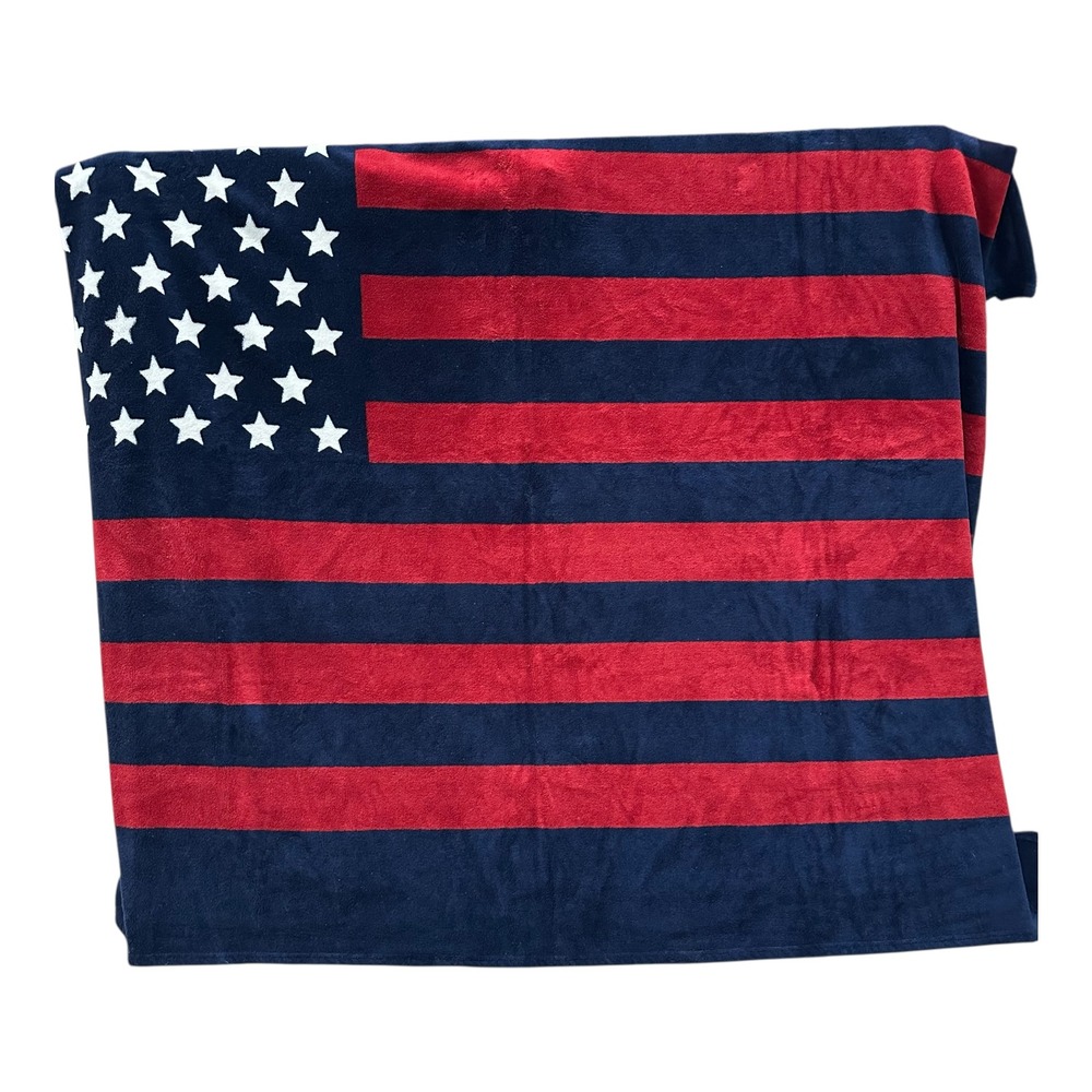 Lauren Ralph Lauren American Flag Plush Throw Blanket Navy Blue Red Stars